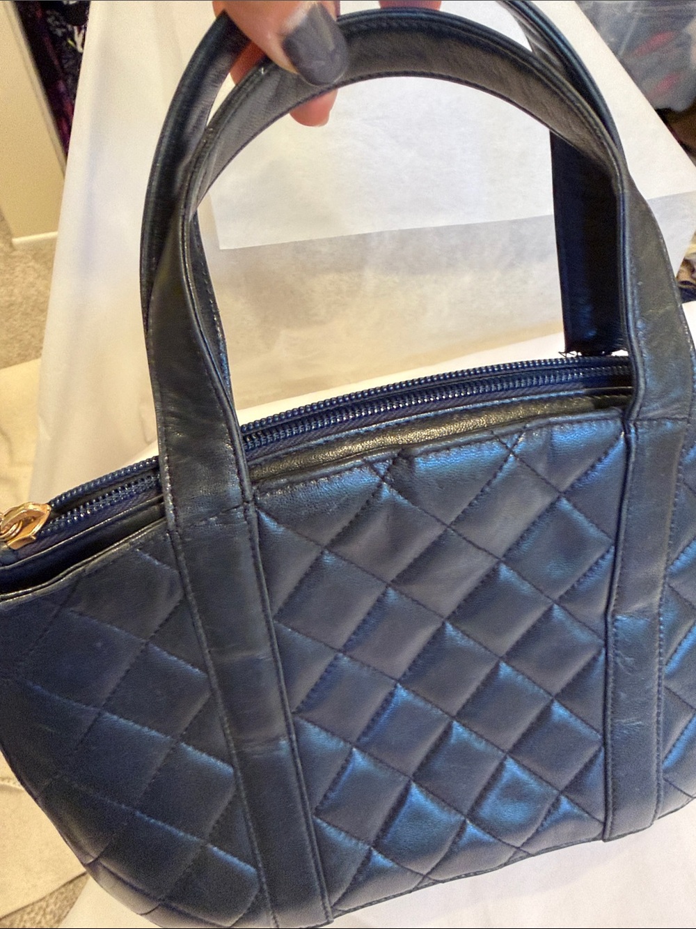 St. John Navy Blue Quilted Leather tote Bag with Tassel vintage - Picture 4 of 16